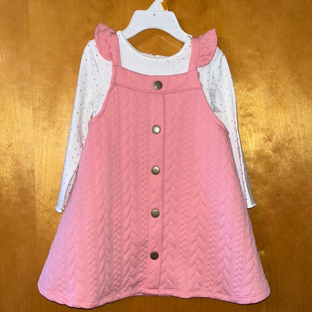 Just Lizzy pink overall dress with white/gold polka dot onesie size 24 months